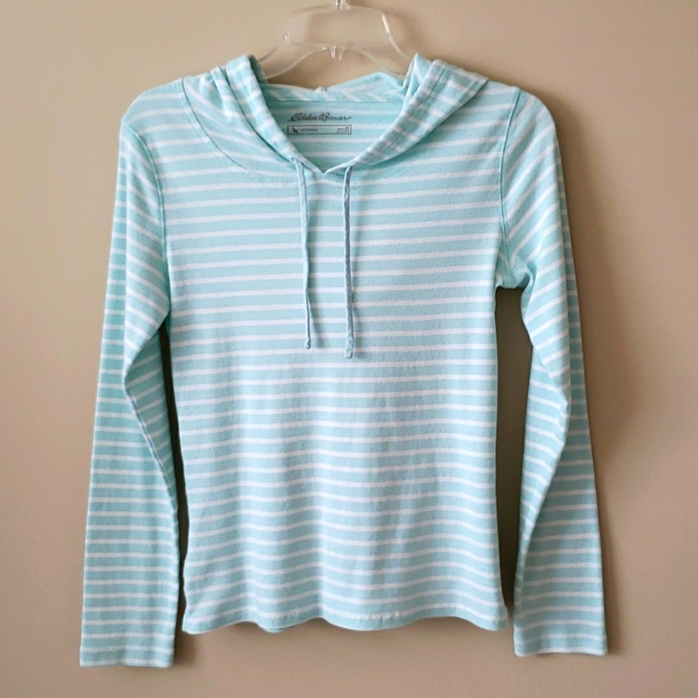 Eddie Bauer hooded top, mint green with white stripes, size xs
